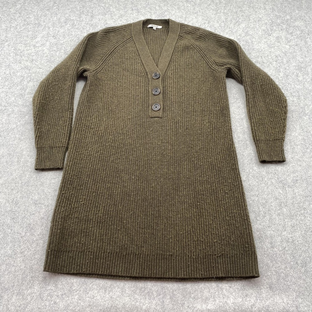 Madewell Sweater Dress Womens Small Green Merino Wool V Neck Button Knit Ribbed